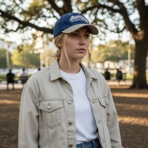 Aarons Dream Machine Baseball Cap Blue Tan Embroidered Logo Adjustable‎ Strap